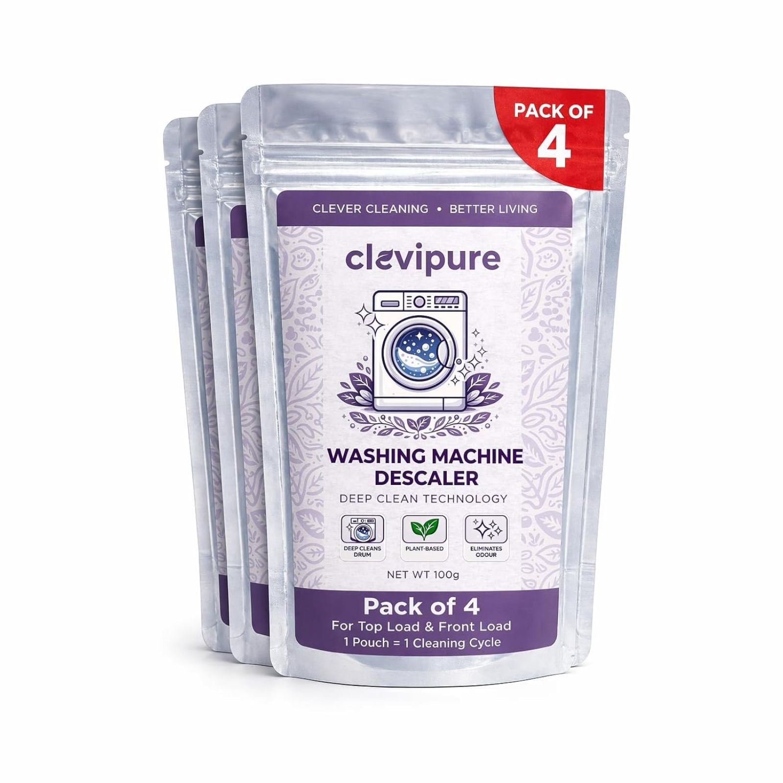 Clevipure Washing Machine Descaler Powder | 100g Each (Pack-4)